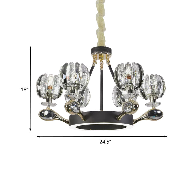 Modernist Crystal Suspension Light: 6-Headed Bud-Shaped Black Chandelier