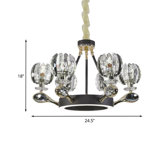 Modernist Crystal Suspension Light: 6-Headed Bud-Shaped Black Chandelier