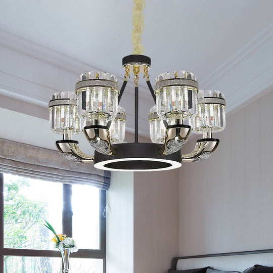 Modern Black Hoop Chandelier with Drum Crystal Prisms - 6 Bulbs, Living Room Pendant Lighting