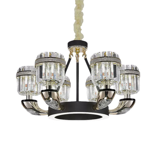 Modern Black Hoop Chandelier with Drum Crystal Prisms - 6 Bulbs, Living Room Pendant Lighting