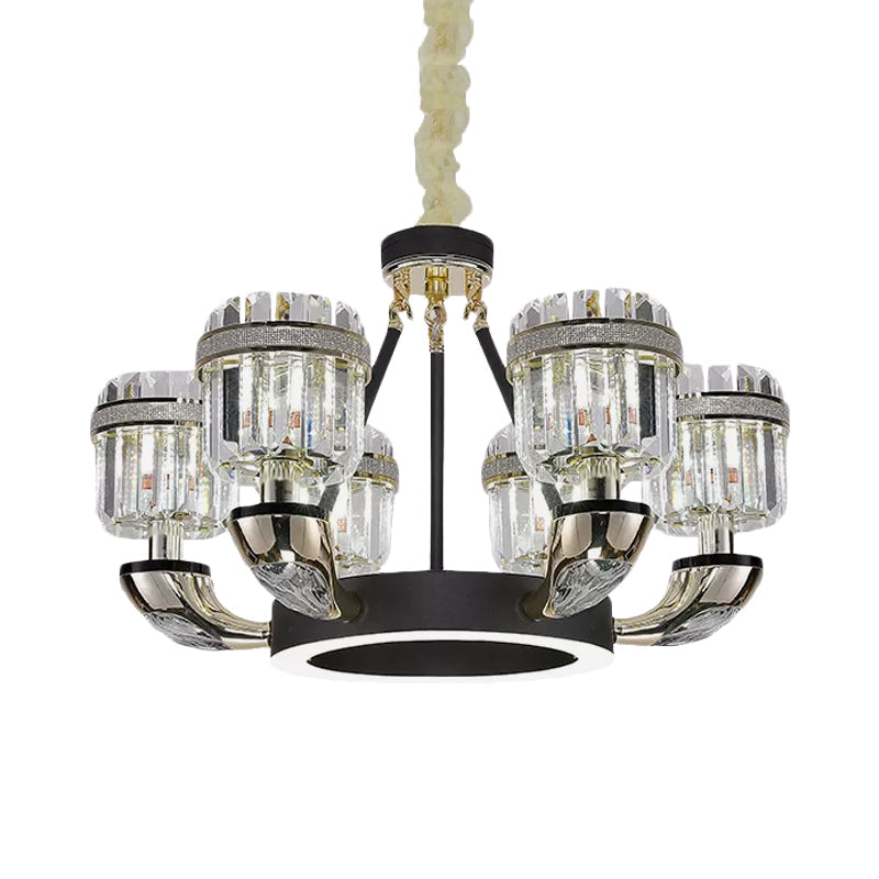 Modern Black Hoop Chandelier With Crystal Prisms Shade - 6 Bulb Living Room Pendant Lighting