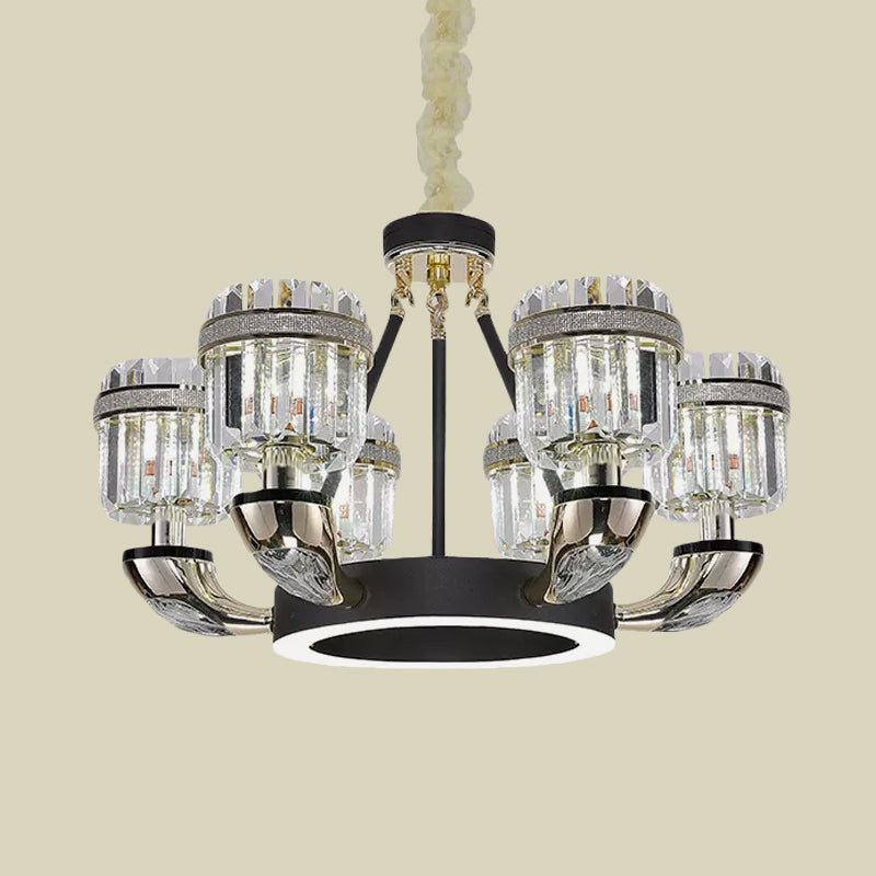 Modern Black Hoop Chandelier with Drum Crystal Prisms - 6 Bulbs, Living Room Pendant Lighting