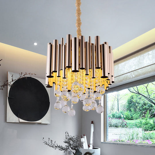 Modern Slim Tube Metal Chandelier Light: 6-Lights Gold/Rose Red Finish Crystal Ball Decoration Gold