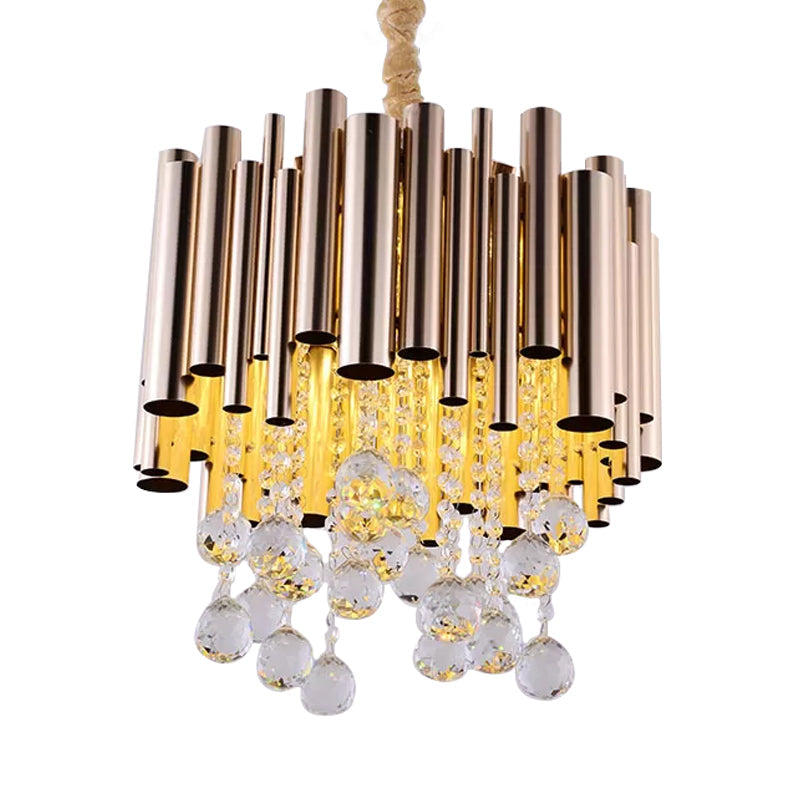 Modern Slim Tube Metal Chandelier Light: 6-Lights Gold/Rose Red Finish Crystal Ball Decoration