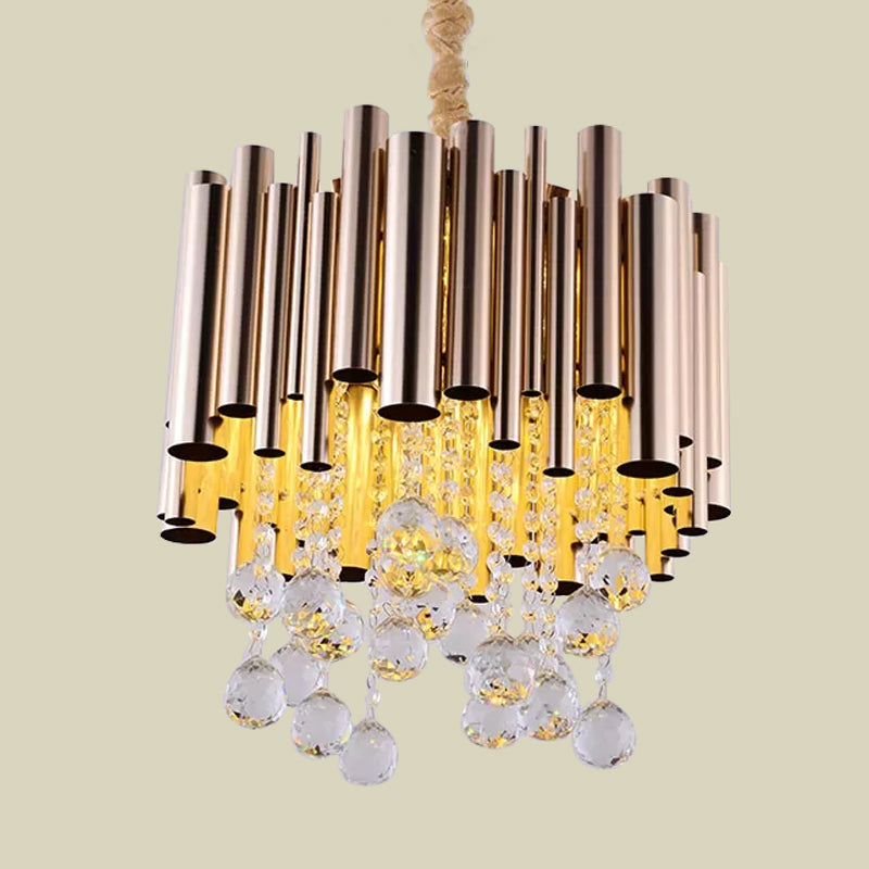 Modern Slim Tube Metal Chandelier Light: 6-Lights Gold/Rose Red Finish Crystal Ball Decoration