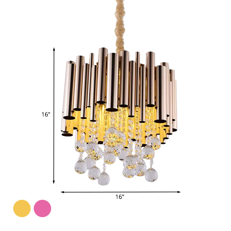 Modern Slim Tube Metal Chandelier Light: 6-Lights Gold/Rose Red Finish Crystal Ball Decoration