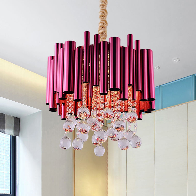 Modernist 6-Light Slim Tube Chandelier in Gold/Rose Red Finish with Crystal Ball Accents