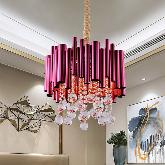 Modern Slim Tube Metal Chandelier Light: 6-Lights Gold/Rose Red Finish Crystal Ball Decoration