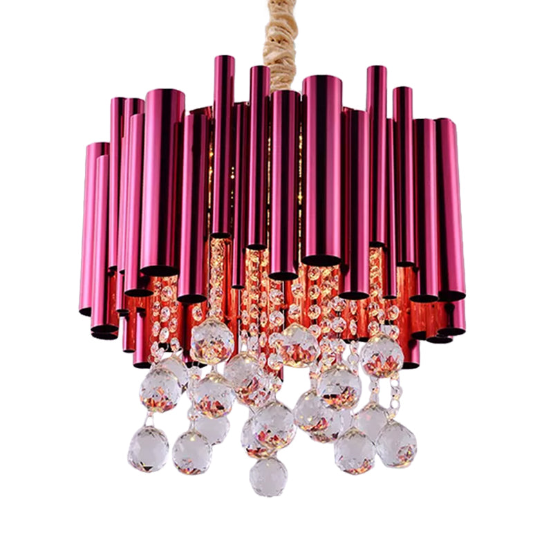 Modernist 6-Light Slim Tube Chandelier in Gold/Rose Red Finish with Crystal Ball Accents