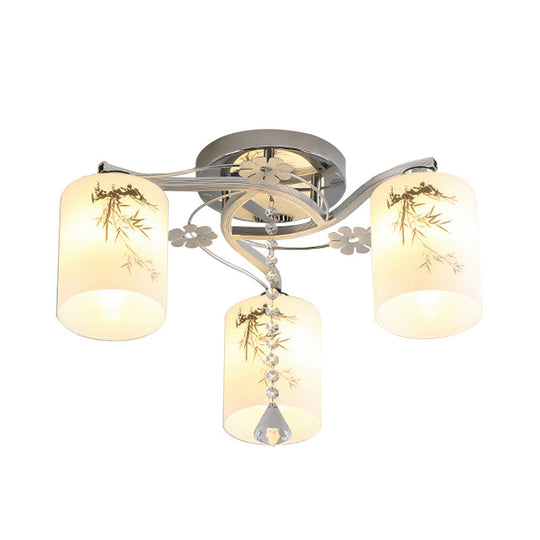 Frosted Glass Semi-Flush Ceiling Light With Chrome Finish - 3 Lights Minimal Cylindrical Design For