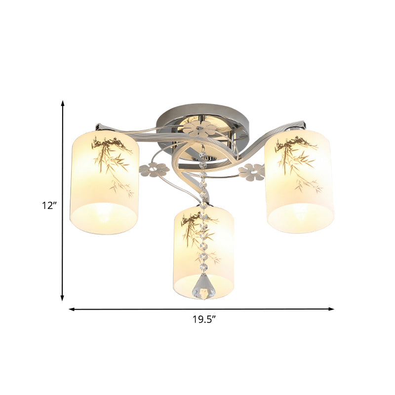 Frosted Glass Semi-Flush Ceiling Light With Chrome Finish - 3 Lights Minimal Cylindrical Design For