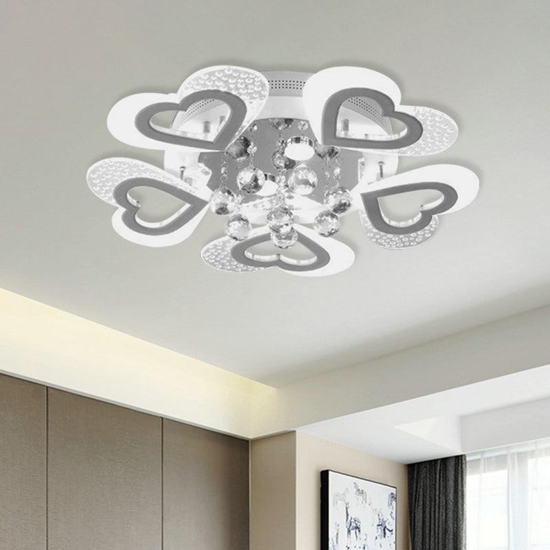 Modern Loving Heart LED Flush Ceiling Light in White with Crystal Ball Decor - Perfect for Bedroom