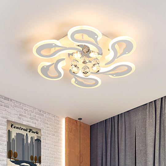 Sleek Swan Shape Semi Mount Led Flush Ceiling Lamp With Crystal Droplet - Modern Acrylic 6-Heads