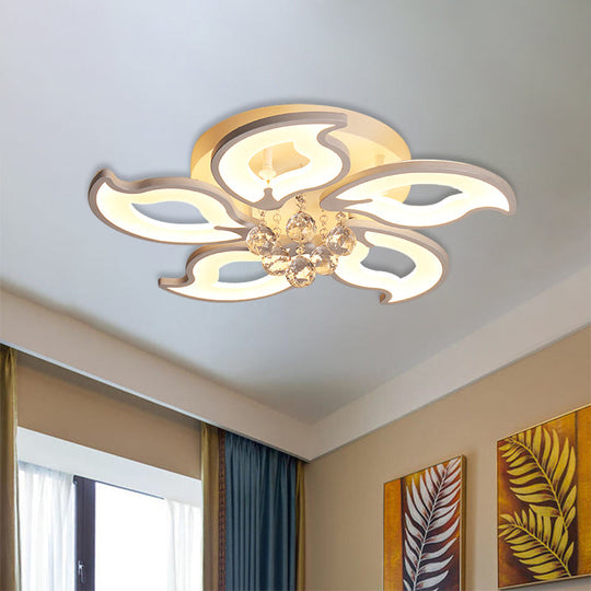 Modern Acrylic Leaf-Shape Semi Flush Ceiling Light with Crystal Orb Deco - 5 White LED Heads