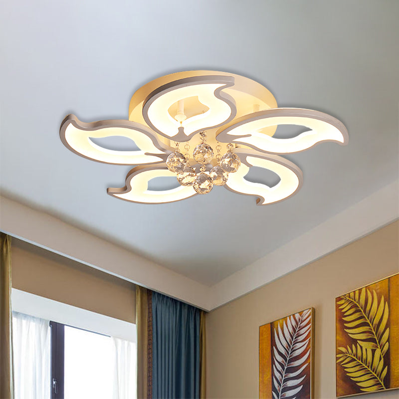 Modern Acrylic Leaf-Shape Semi Flush Ceiling Light With Crystal Orb Deco - 5 White Led Heads