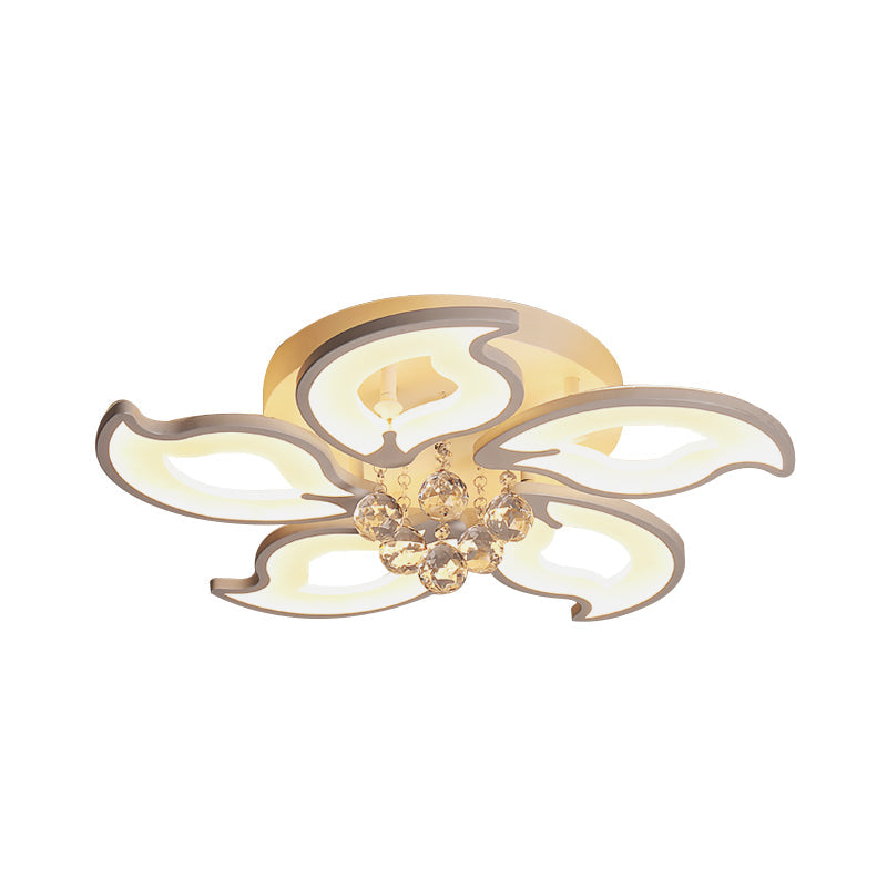 Modern Acrylic Leaf-Shape Semi Flush Ceiling Light with Crystal Orb Deco - 5 White LED Heads