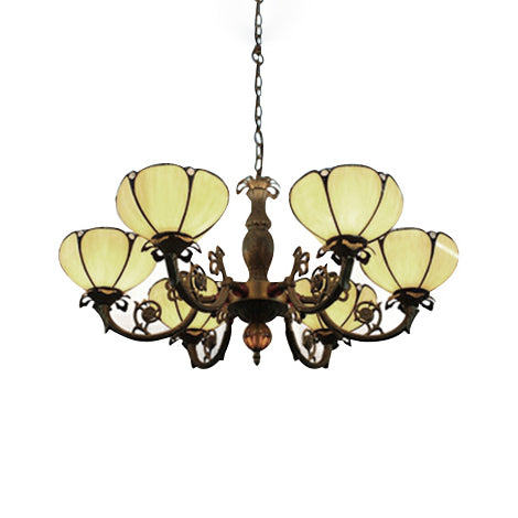 Vintage Tiffany Beige Glass Chandelier: 6-Light Floral Lamp for Living Room Lighting