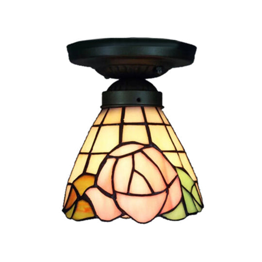 Lodge Style Stained Glass Rose Flush Ceiling Light - 1 Light Flush Mount