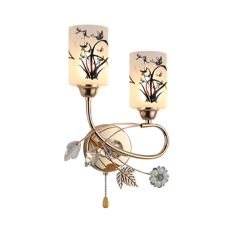 Modernistic 2-Bulb Gold Cylinder Wall Lamp With Pull Chain And Painted Glass Shade Brilliant