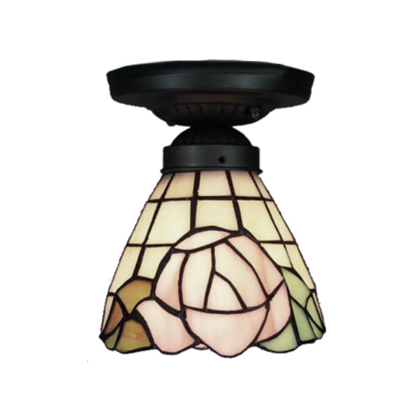 Lodge Style Stained Glass Rose Flush Ceiling Light - 1 Light Flush Mount