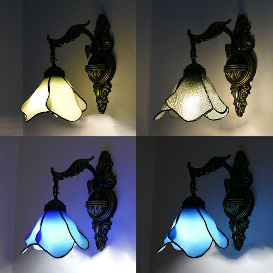 Tiffany Style Stained Glass Wall Sconce Light In Aged Brass - Clear/Pink/Light Blue/Dark Blue/Beige