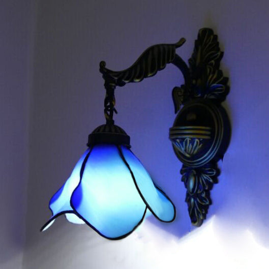 Tiffany Style Stained Glass Wall Sconce Light In Aged Brass - Clear/Pink/Light Blue/Dark Blue/Beige