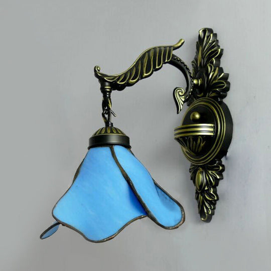 Tiffany Style Stained Glass Wall Sconce Light In Aged Brass - Clear/Pink/Light Blue/Dark Blue/Beige