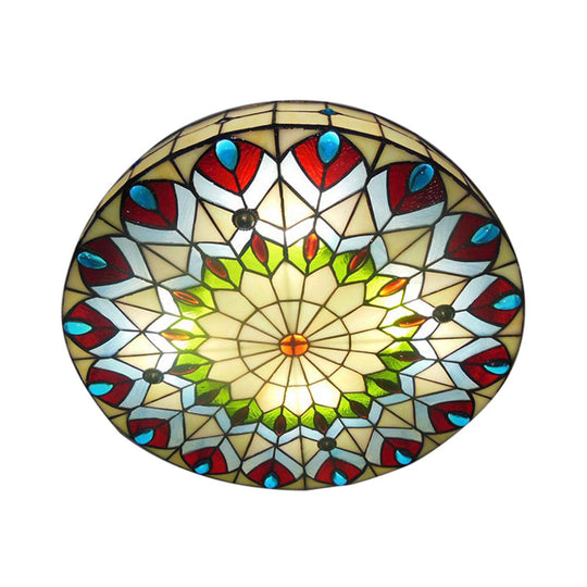 Tiffany Style Stained Glass Ceiling Light With Peacock & Jewel Accents - 3-Light Drum Flush Mount