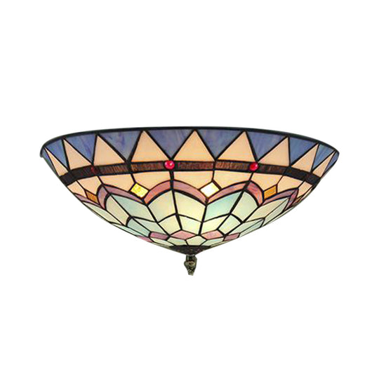 Baroque Style Stained Glass Ceiling Light - Bedroom Flush Mount with Jewel Decor & Bowl Shade