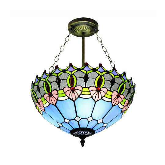 Jeweled Semi-Flush Mount Ceiling Light with Art Glass Shade - 3 Lights, Blue - 16" Width, Perfect for Bedroom