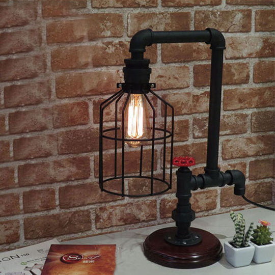 Industrial Birdcage Standing Table Light With Pipe And Valve - Black Metal Lamp 1