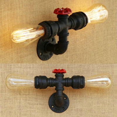 Industrial Style Matte Black Water Pipe Wall Light With 2 Bulbs - Bedroom Lighting