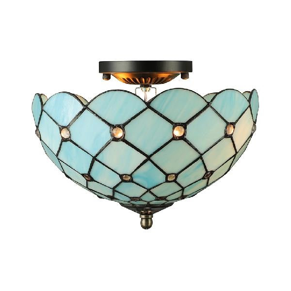 Tiffany-Style Blue Floral Ceiling Light: Semi-Flush 2-Light With Jewel Decoration For Bedroom