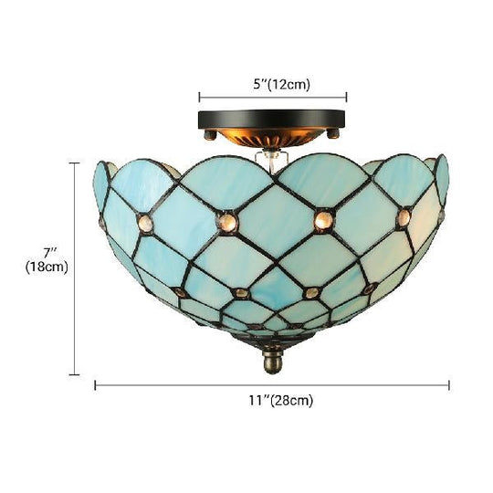 Blue Tiffany Style Ceiling Light for Bedroom - 2-Light Floral Semi Flush Mount with Jewel Decoration