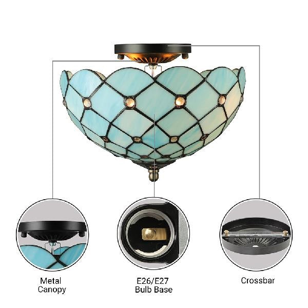 Blue Tiffany Style Ceiling Light for Bedroom - 2-Light Floral Semi Flush Mount with Jewel Decoration