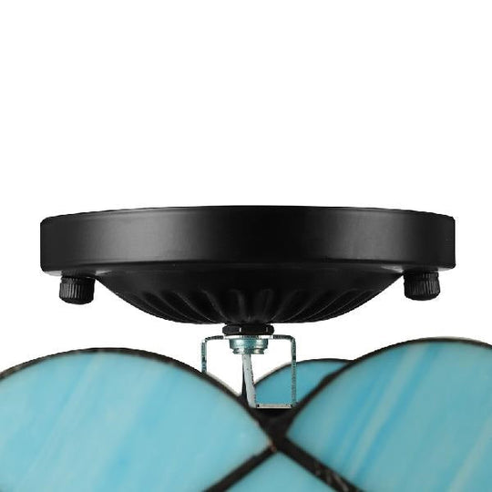 Blue Tiffany Style Ceiling Light for Bedroom - 2-Light Floral Semi Flush Mount with Jewel Decoration