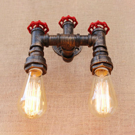 Industrial Pipe Wall Sconce Light With Valve Wheel - Antique Bronze Finish