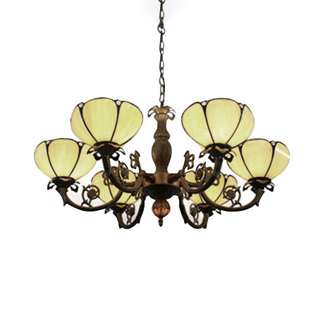 Stained Glass Floral Chandelier with 6 Pendant Lights and Metal Chains in Beige