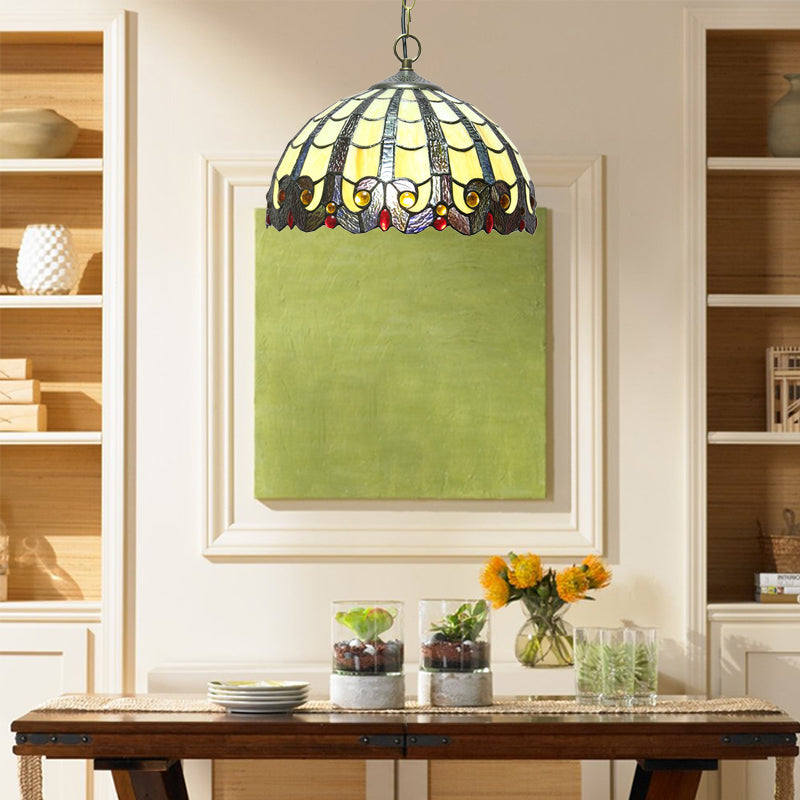 12 Stained Glass Dining Room Lighting: Adjustable Tiffany Jeweled Ceiling Pendant Lamp In Beige