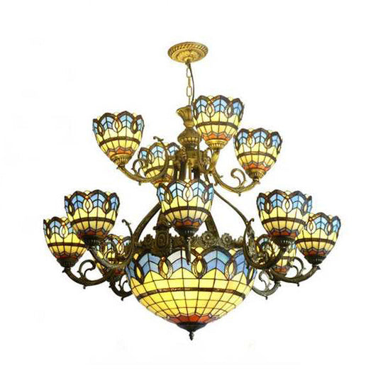 Tiffany 15-Light Art Glass Chandelier For Dining Room Adjustable Chain Included Brass