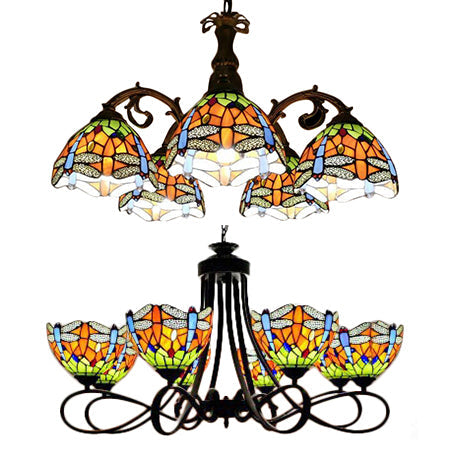 Rustic Lodge Stained Glass Dragonfly Chandelier with 5/8 Suspension Lights: Perfect for Stairways