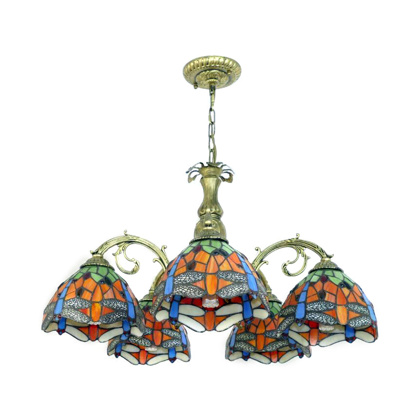 Dragonfly Stained Glass Chandelier - Rustic Lodge Suspension Light For Stairway (5 Or 8 Lights)