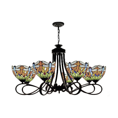 Dragonfly Stained Glass Chandelier - Rustic Lodge Suspension Light For Stairway (5 Or 8 Lights)