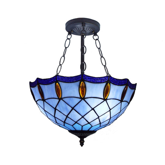 Blue Jeweled Ceiling Light For Bedroom - Semi Flush Mount With Chain And Art Glass Shade 2-Light