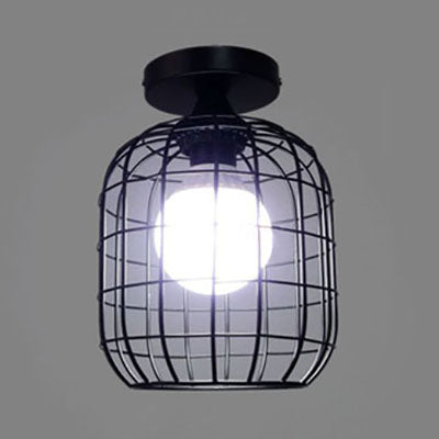 Black Metal Lantern Cage Semi-Flush Mount Light - Farmhouse Style Bedroom Ceiling Fixture