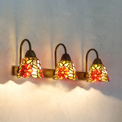 Tiffany Multicolor Stained Glass Sconce Light Fixture With 3 Bell-Shaped Heads In Pink/Purple/Orange