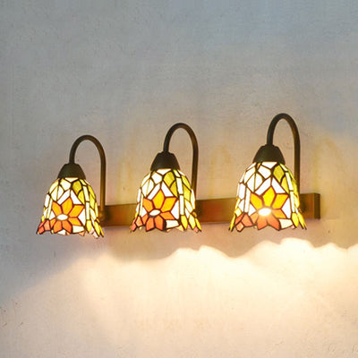 Tiffany Multicolor Stained Glass Sconce Light Fixture With 3 Bell-Shaped Heads In Pink/Purple/Orange