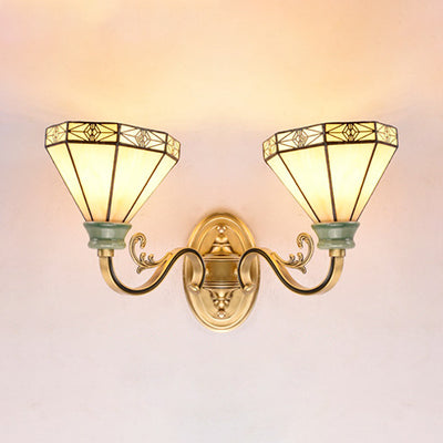 Beige Glass Cone Wall Sconce Lamp - Traditional 2-Head Lighting For Dining Room