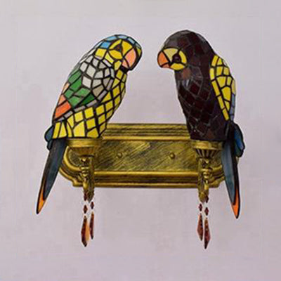 Rustic Lodge Stained Glass Parrots Double Wall Sconce - Indoor Corridor Lighting