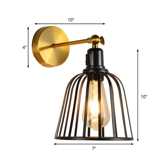 Black Metal Cage Wall Sconce With Bell Shade Industrial Style Hallway Light Fixture